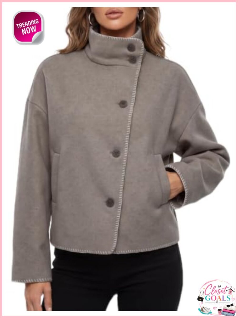 Wool Blend Jacket Stand Collar Button Down Pea Coat